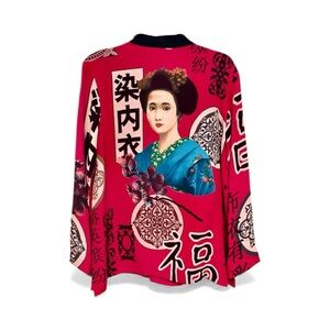 Vintage Chico’s Geisha Red Women's silk Shirt Asian NWOT